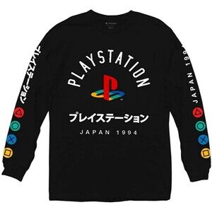 Play Station Logo Japan 1994 Black Long Sleeve Graphic Cotton Shirt Men's Size L